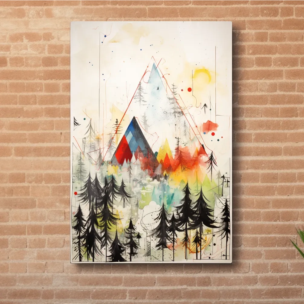 Simple low colour abstract painting, mountains and trees