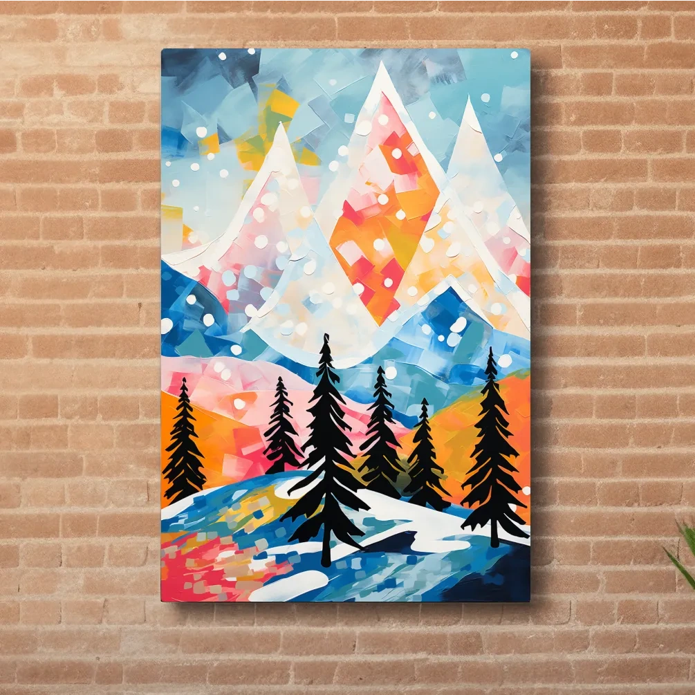 Simple colourful abstract painting of a snowy mountain scene