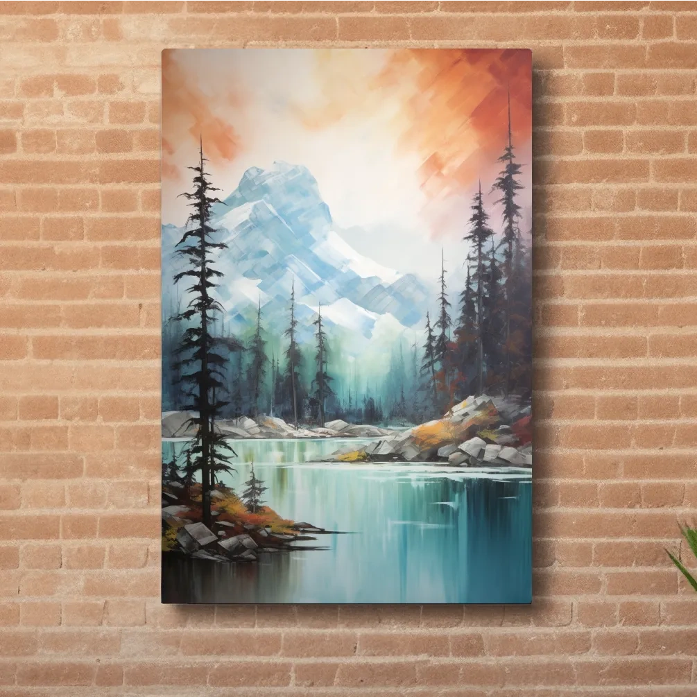 Turquoise Alpine Lake & Pine Forest Sunset Watercolor - Serene Mountain Landscape Wall Art
