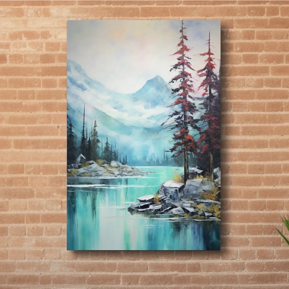 Mountain scenery painting, a turquoise alpine lake