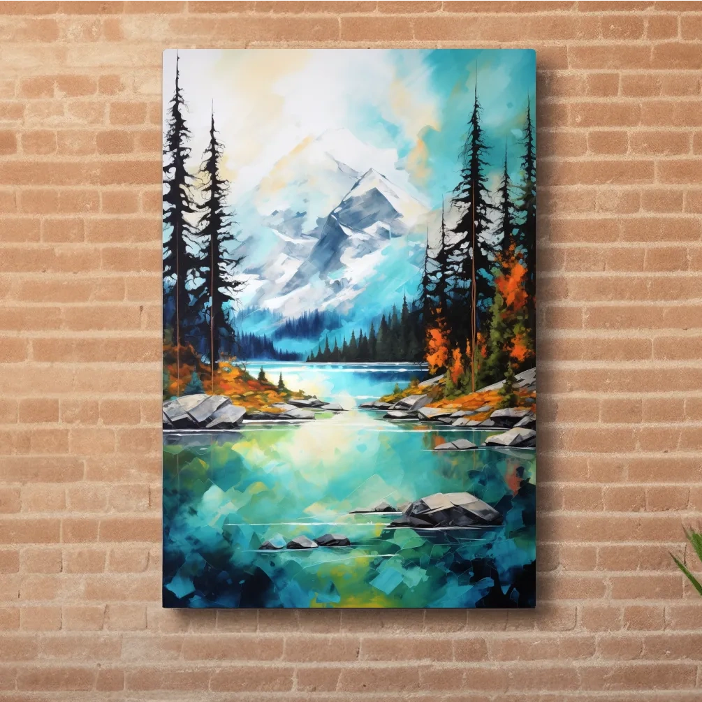Torquoise alpine lake painting in the fall