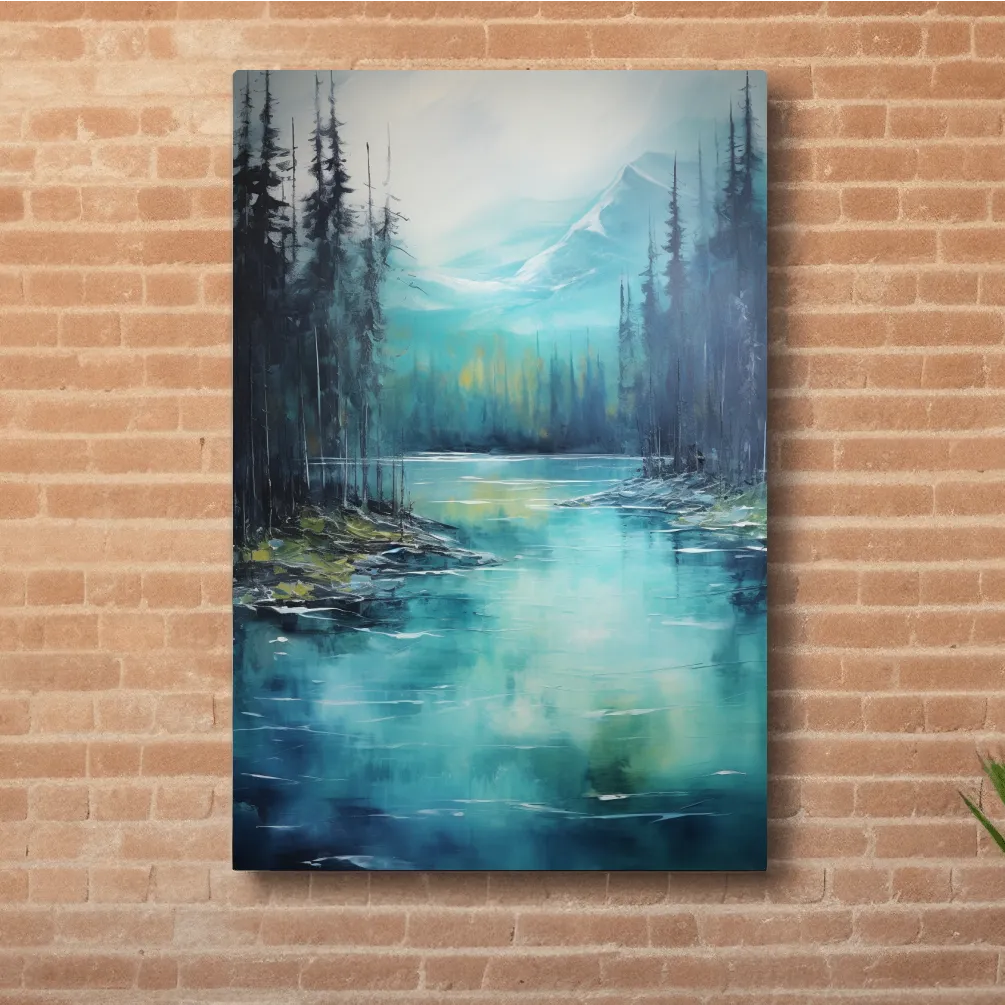 Thick oil painting, trees on a torquoise alpine lake
