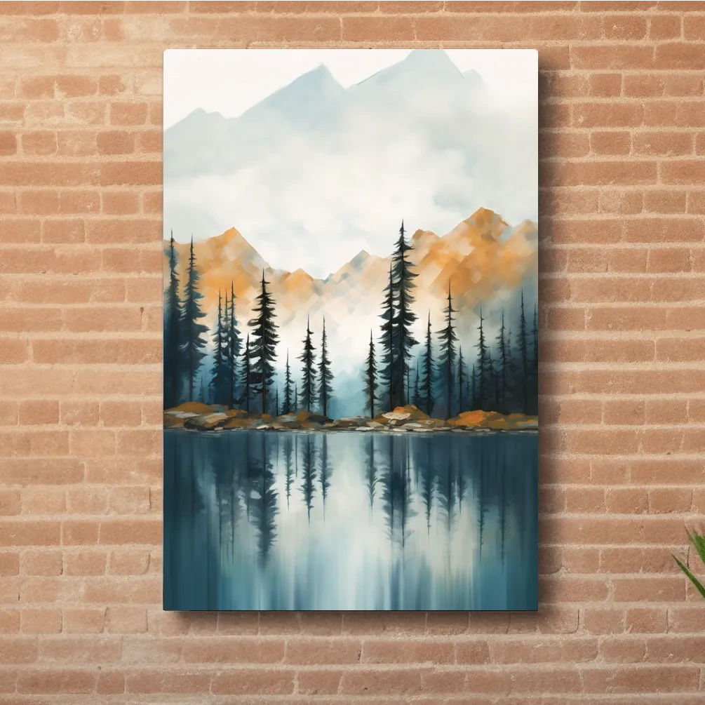 Trees on a beautiful alpine lake, mountain scenery painting