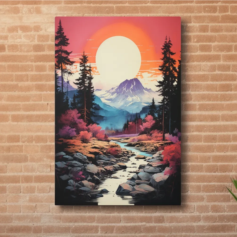 Colorful alpine scene at sunset, illustration