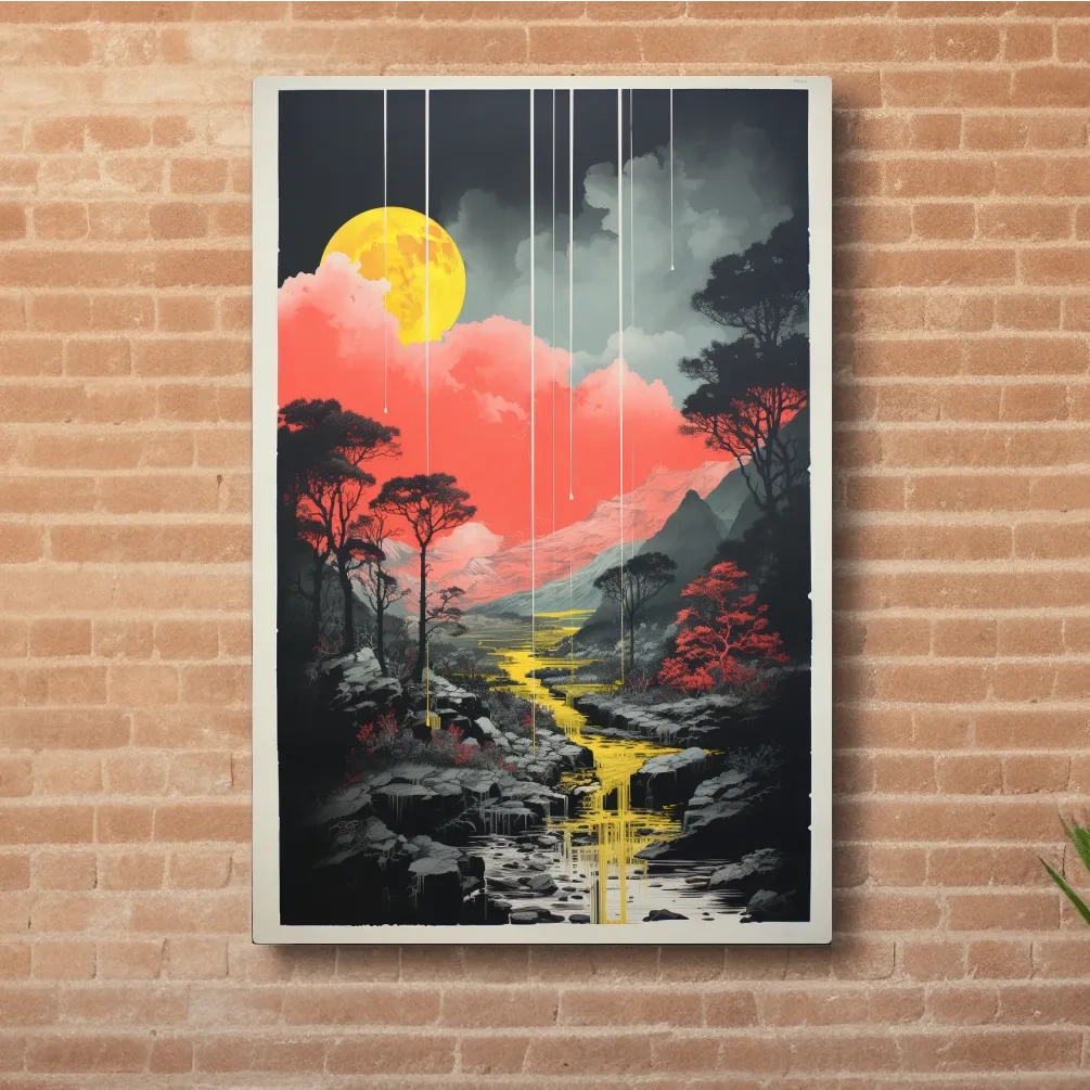 Surreal Moonlit Mountain River Landscape - Fantasy Nature Wall Art