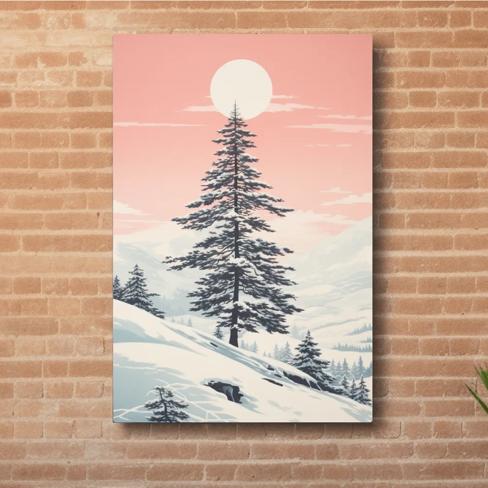 Minimal art, snow covered pine tree at sunset