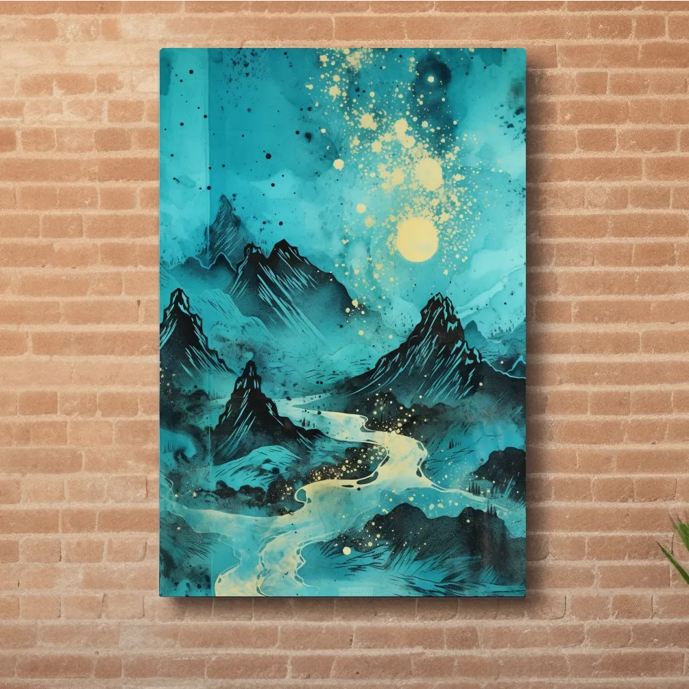 Abstract painting of a river through the mountains