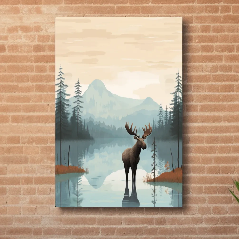 Moose Mountain Lake Illustration - Nursery Forest Mountain Wall Art