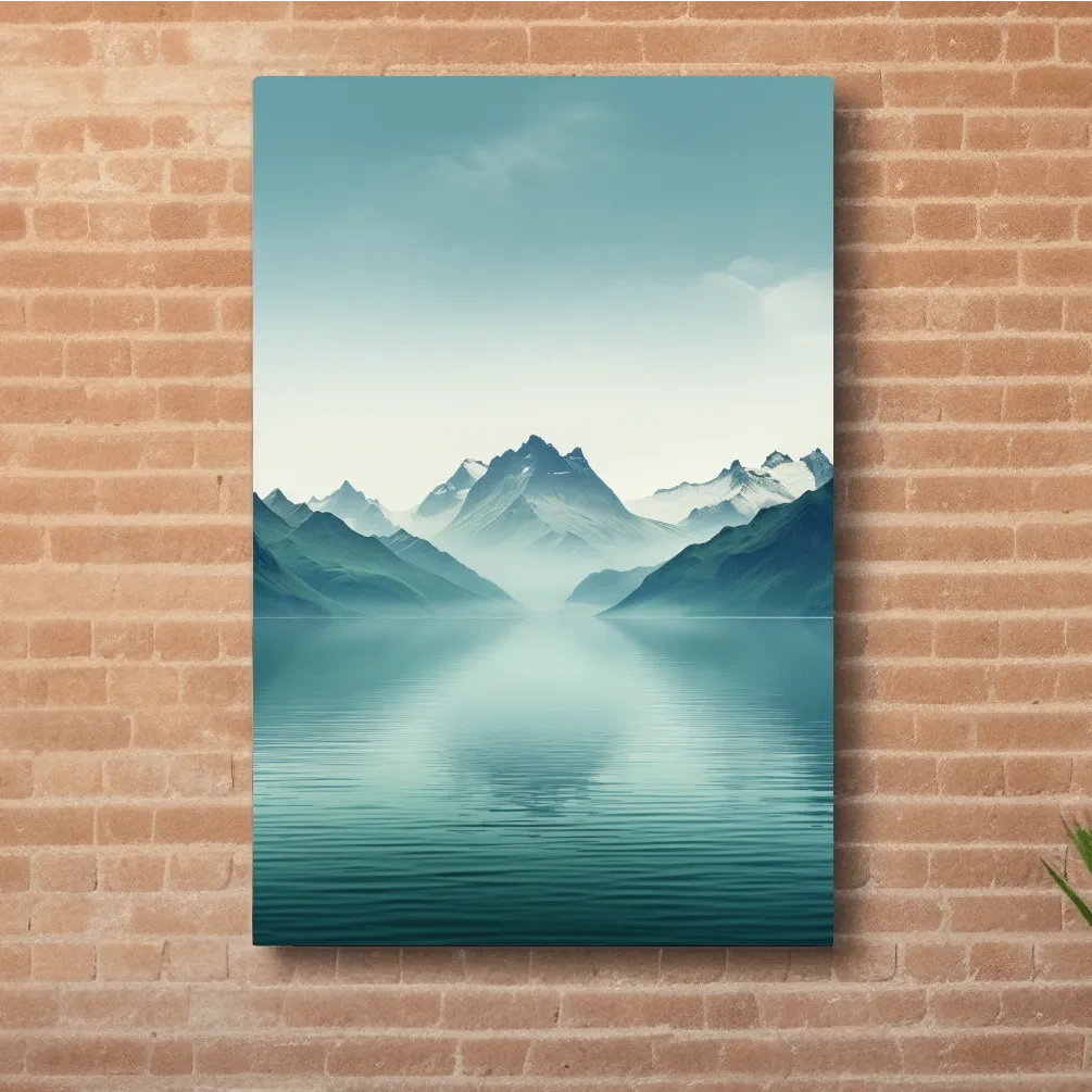 Soft, minimal art, mountains by a lake