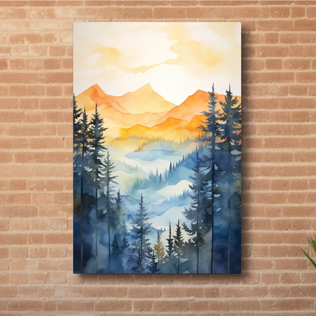 Golden Watercolor Mountain Sunrise Painting - Misty Alpine Forest Artwork