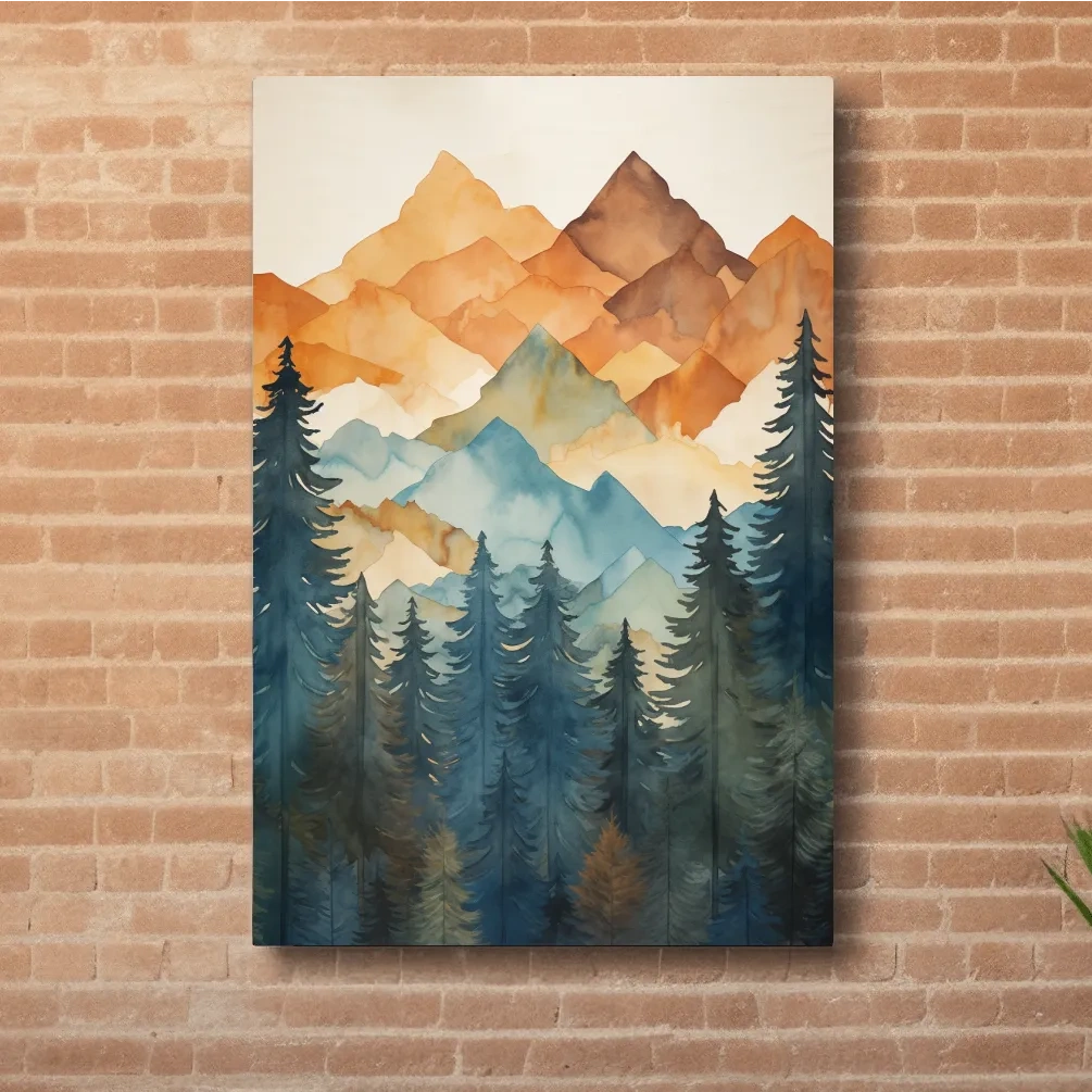 Simple watercolor painting of mountains and trees