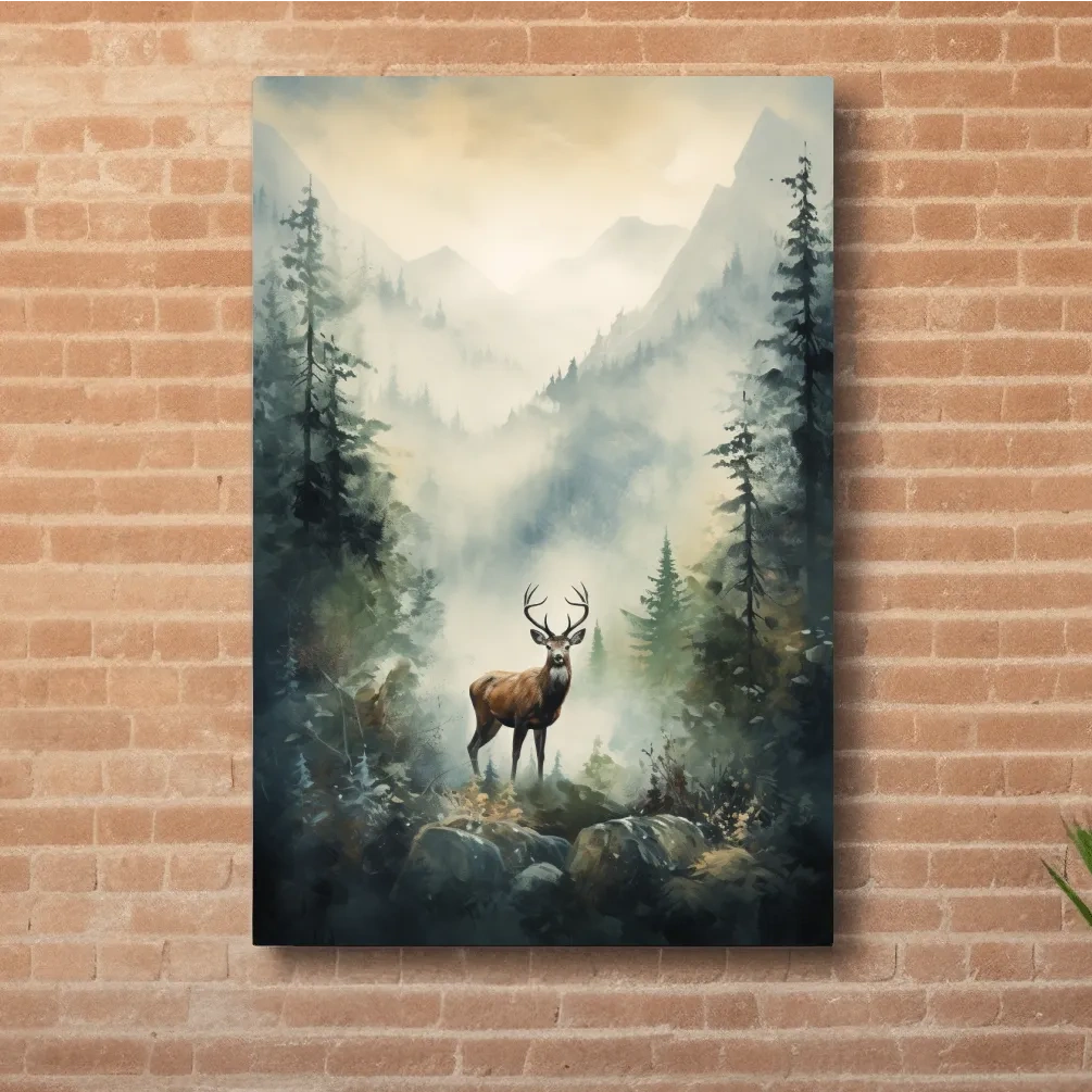 Misty Alpine Forest Deer Painting - Atmospheric Mountain Wildlife Wall Art