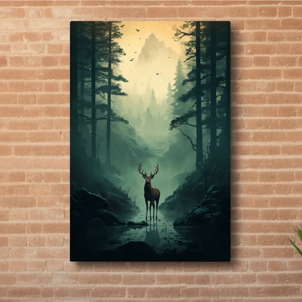 Serene illustration of a deer in a misty forest