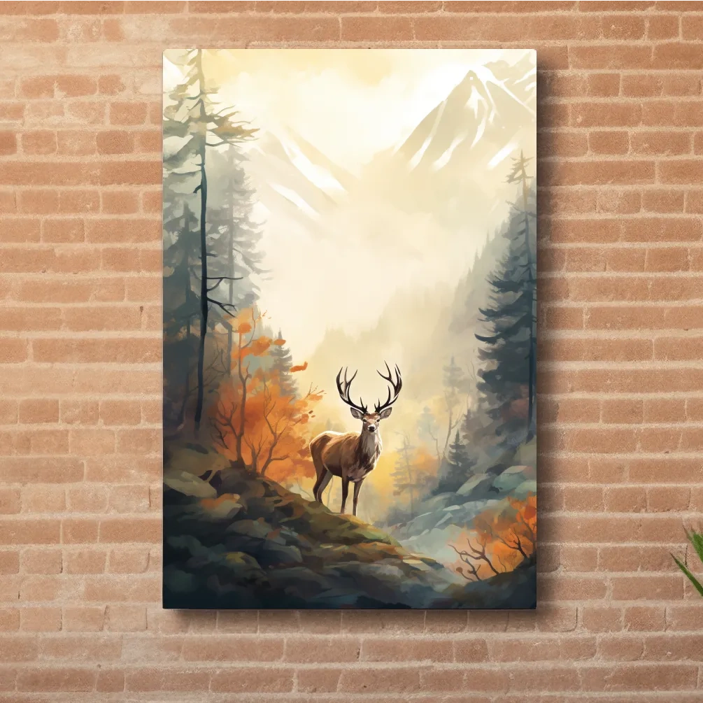 Painting of a deer standing in an autumn forest