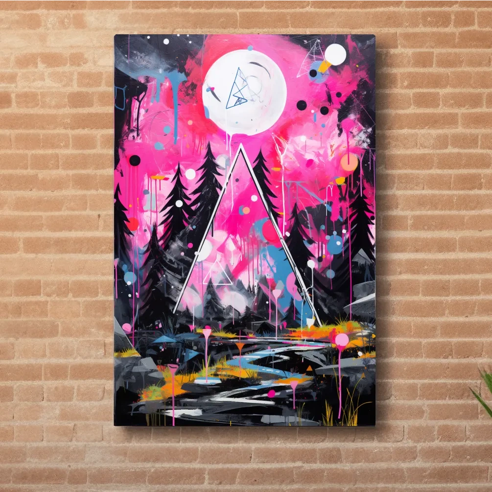 Pink and black abstract energetic art of a forest