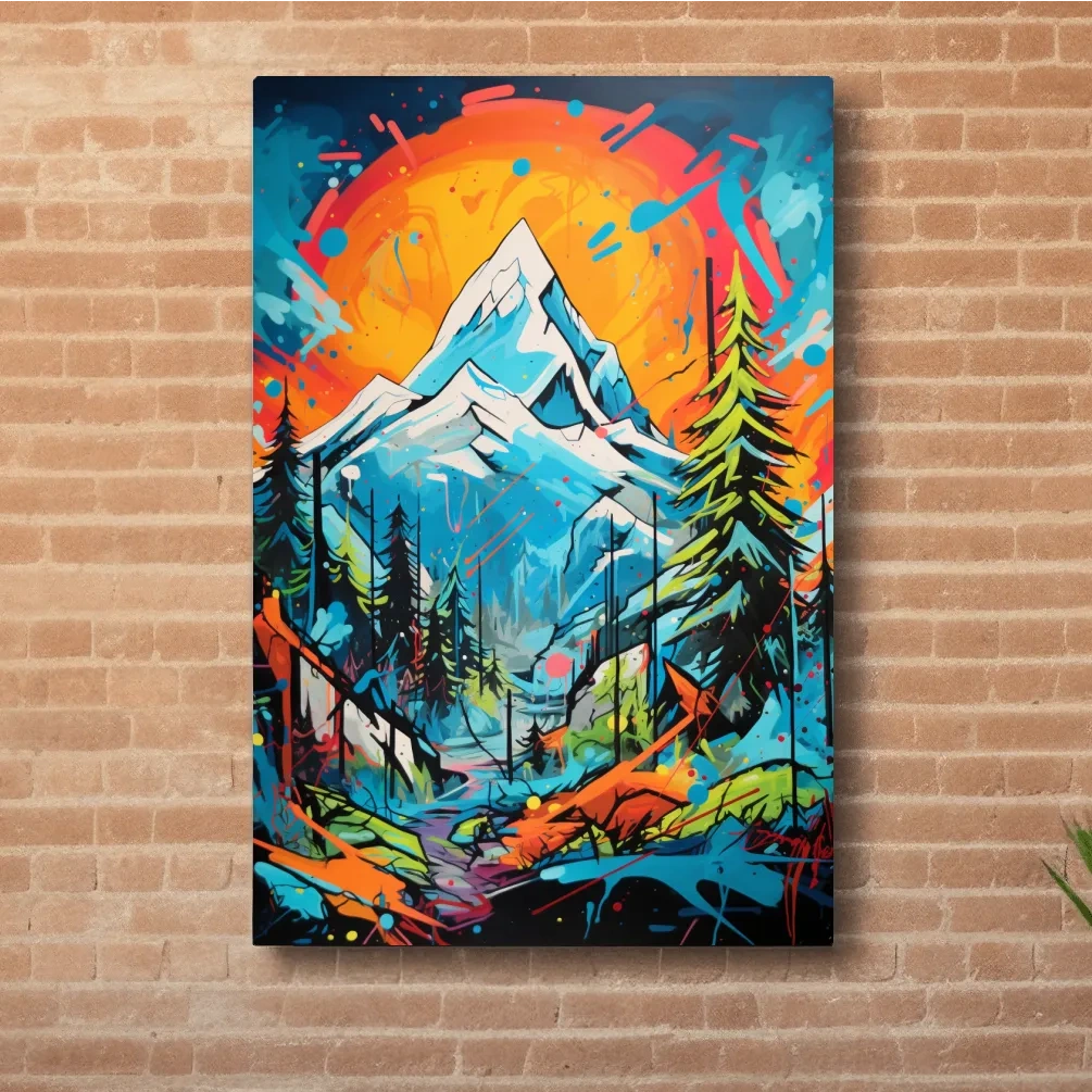 Graffitti inspired art of sunset over a glacier, vibrant wall art