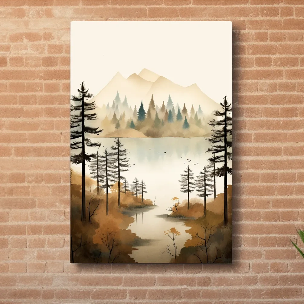 Misty Watercolor Mountain Lake Forest - Serene Alpine Wall Art