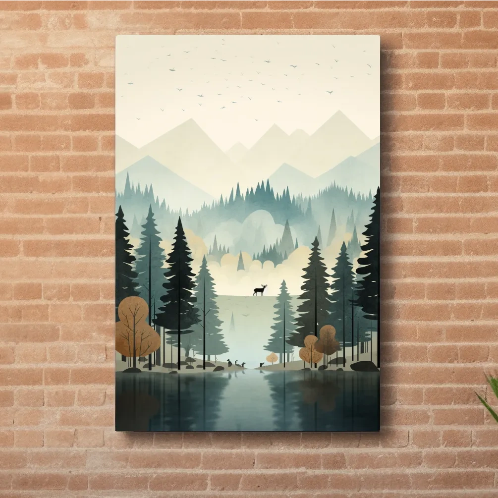 Alpine Lake Forest With Deer - Scandinavian Minimalist Wall Art