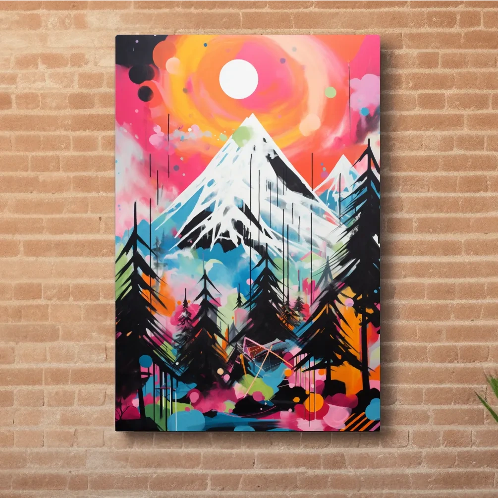 Vibrant energetic arcylic painting, glacier at sunset