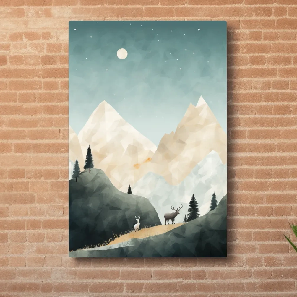 Mountain Deer Landscape Illustration - Minimalist Alpine Forest Wildlife Wall Art