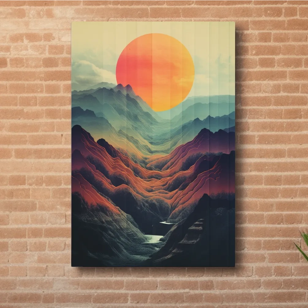 Illustrative art of a layered mountainous valley at sunset