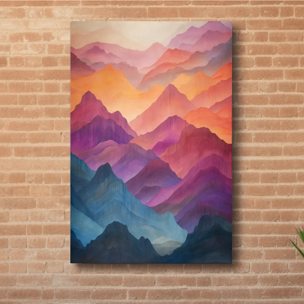 Vibrant colourful mountain range patterns, watercolour style illustration