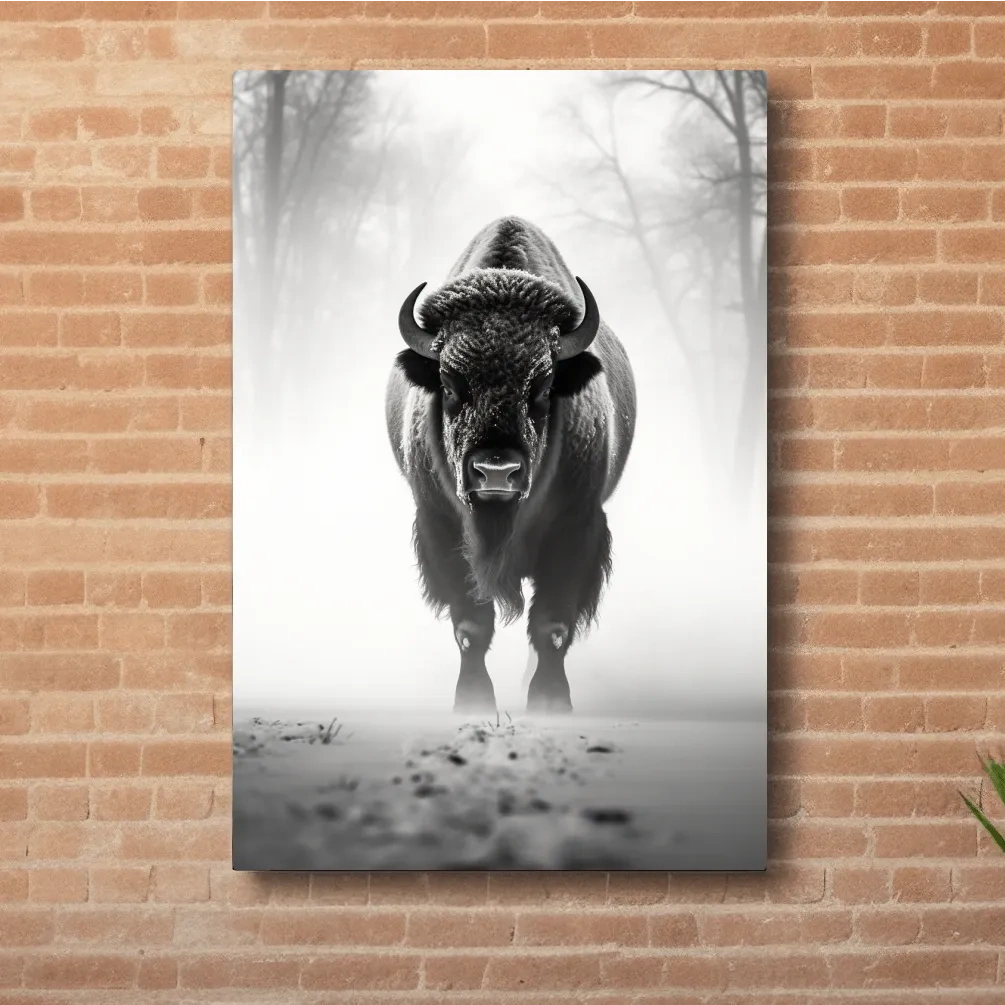 Black and white photo of a bison walking on snow