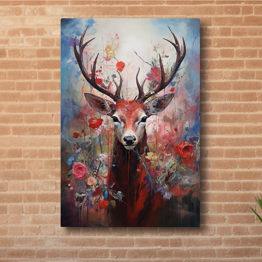 Floral painting of a deer, vibrant wall art