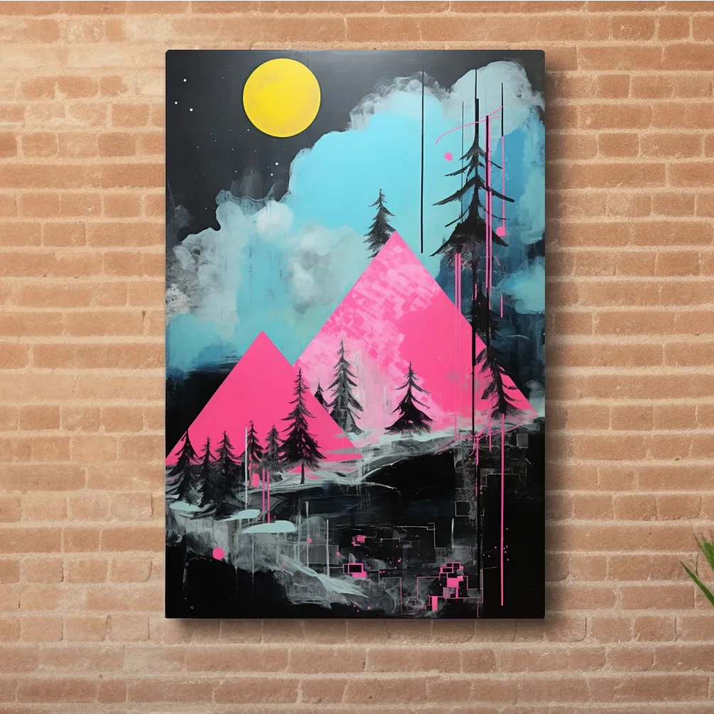 Pink and black acrylic painting, triangular abstract mountains