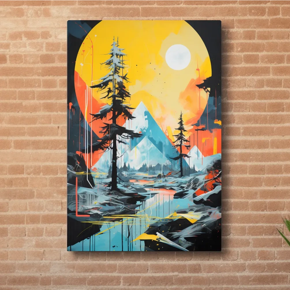 Abstract geometric painting of a glacier alpine landscape at sunset