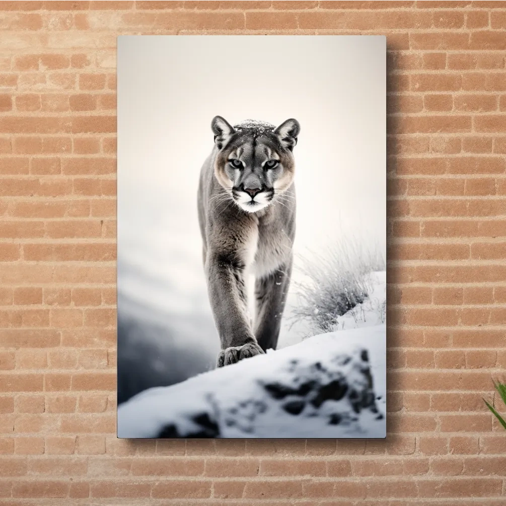 Photograph of a mountain lion walking in snow