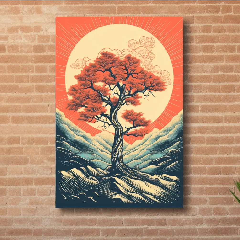 Dynamic vector illustration wall art poster of a tree at sunset