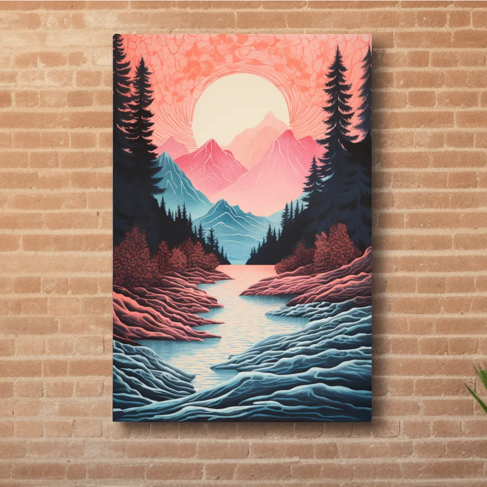 Risograph style illustration of an alpine valley at sunset