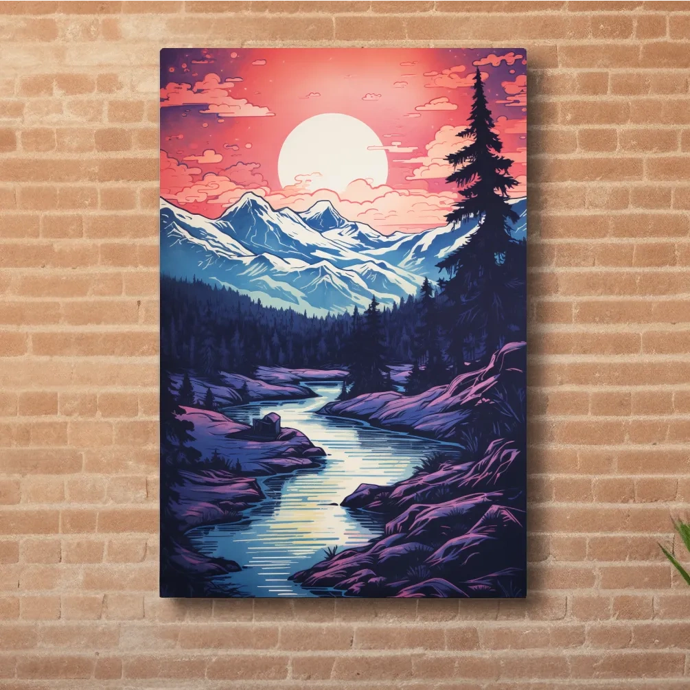 Surreal illustration of sunset over a glacier alpine scene