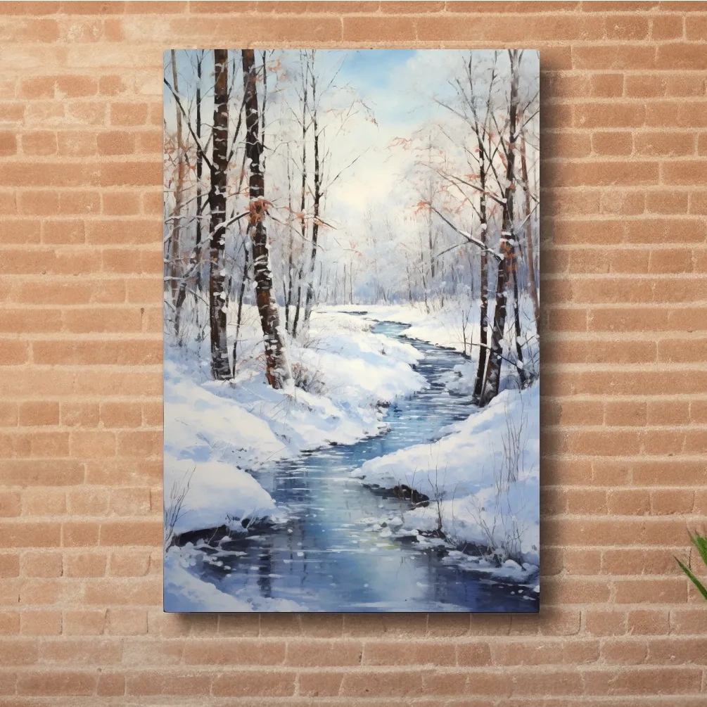Oil painting of a stream running through a winter scene