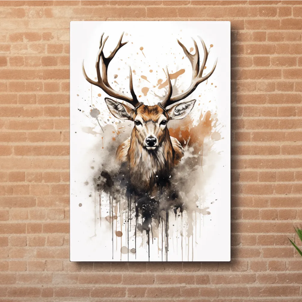 Splattered watercolour painting of a deers head