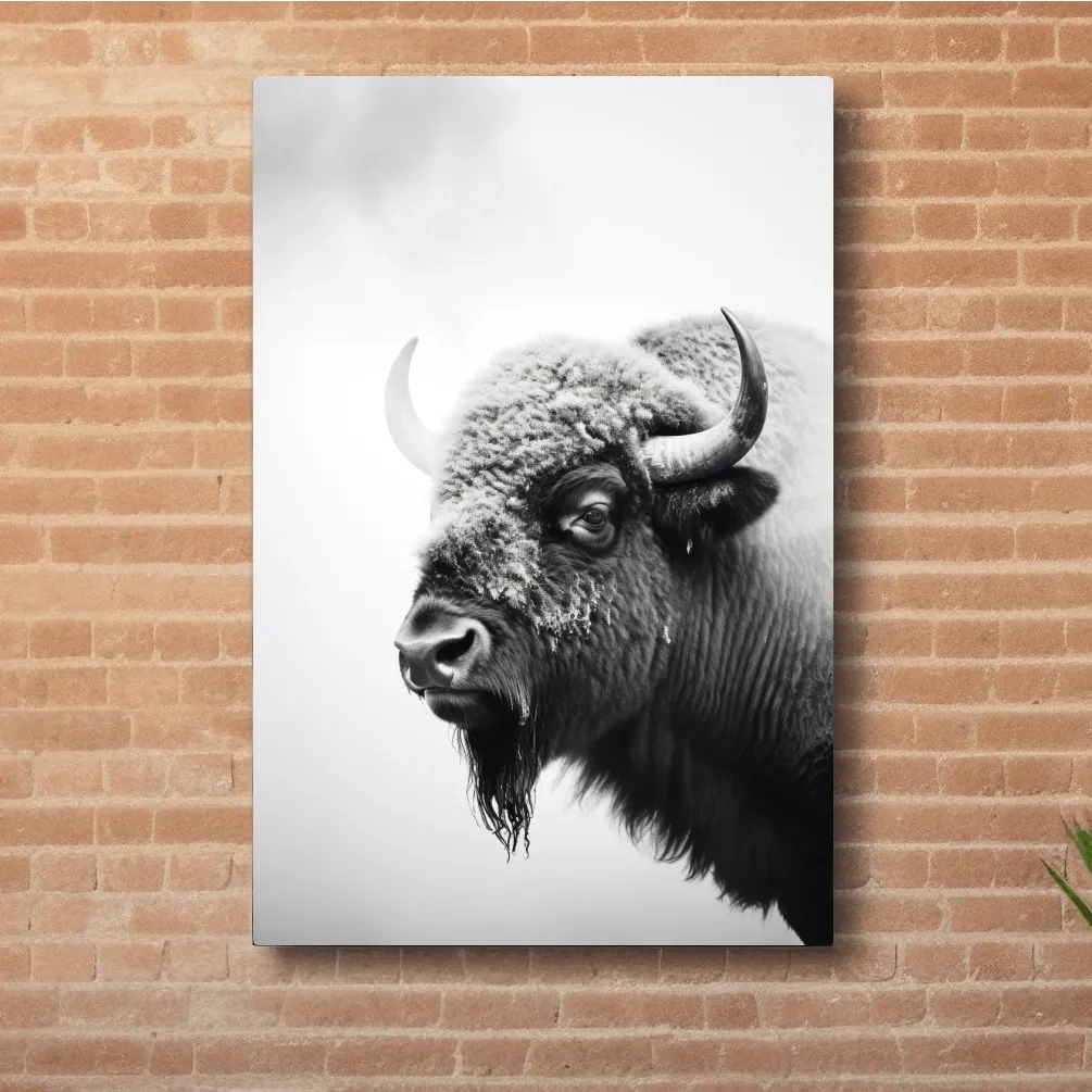 Photographic art, black and white photo of a bison in winter