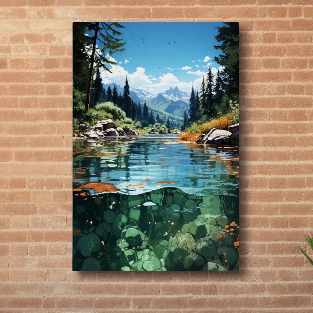 Crystal Clear Alpine River Landscape Illustration - Vibrant Mountain Forest Artwork