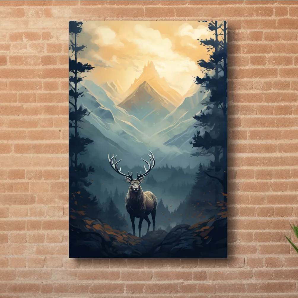 Serene illustration of a majestic deer in the forest at sunset