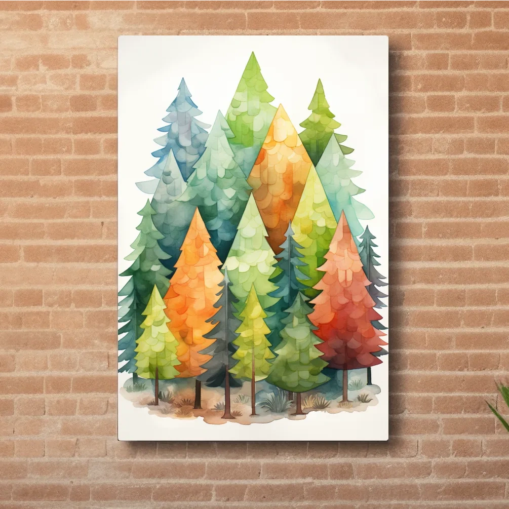 Whimsical Watercolor Pine Forest Illustration - Colorful Scandinavian Nature Wall Art