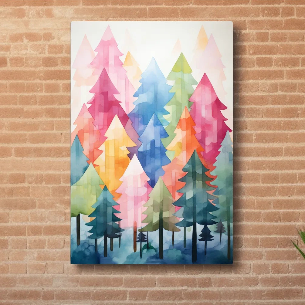 Colorful Watercolor Pine Forest Illustration - Whimsical Scandinavian Boho Wall Art