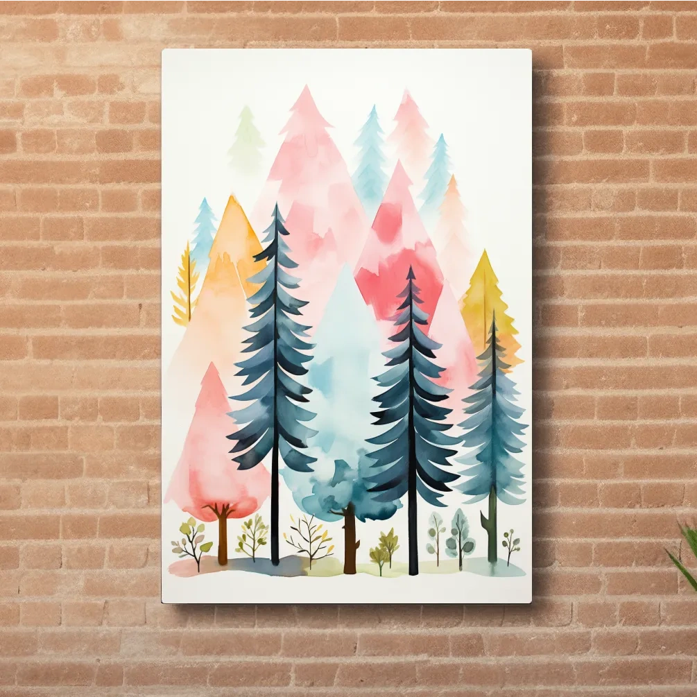 Pastel Watercolor Pine Forest - Colorful Scandinavian Nature Wall Art