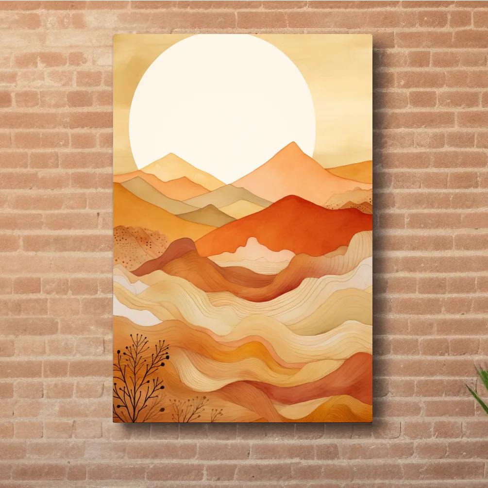 Watercolour illustration of mountain art shapes at sunset