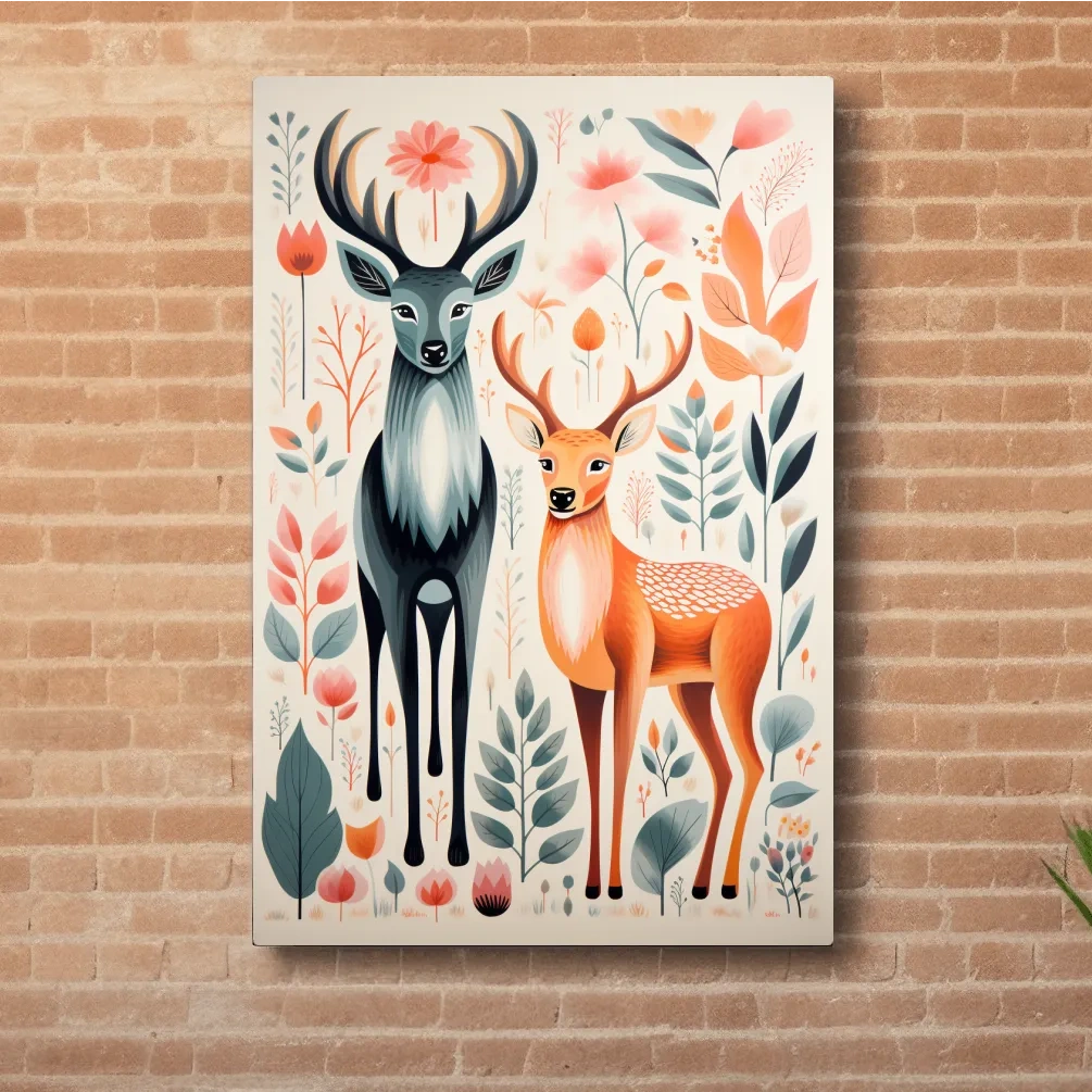 Flat colour vector print of deers and foliage, folk art style