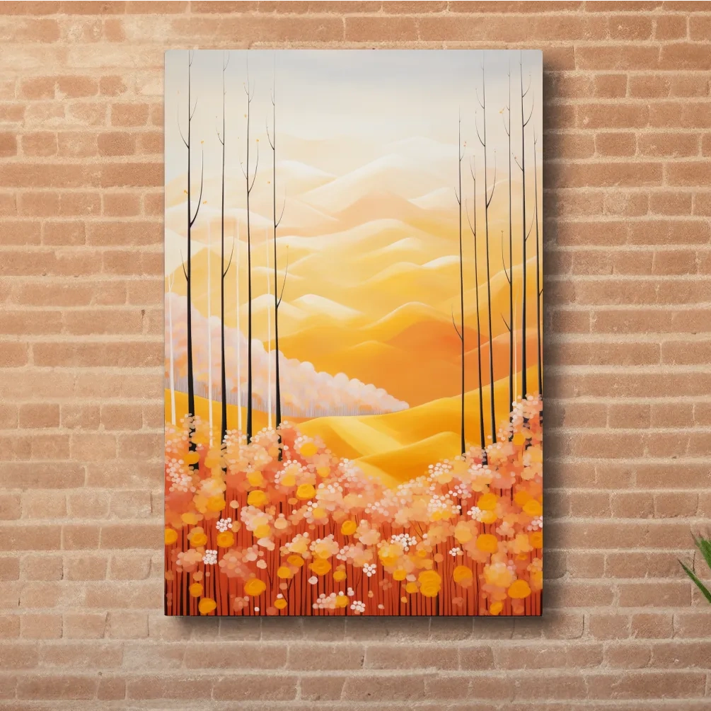 Storybook style illustration art of flowers, mountains and a forest in fall