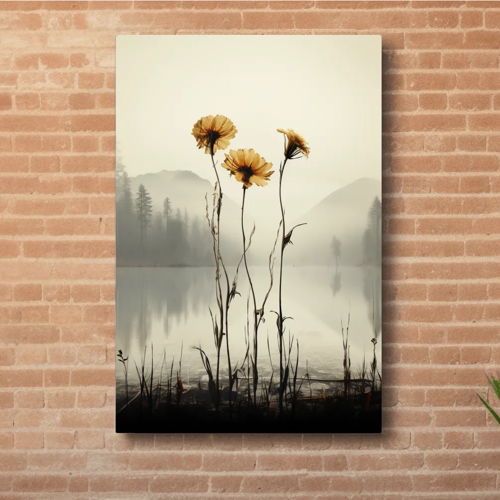 Photographic illustration, flowers on the misty lake shore