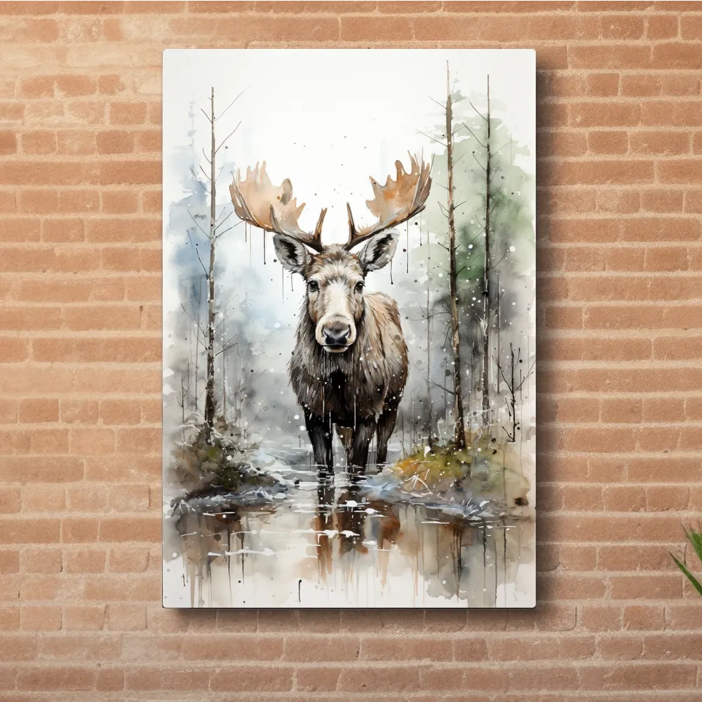 Watercolor painting of a moose in a forest lake