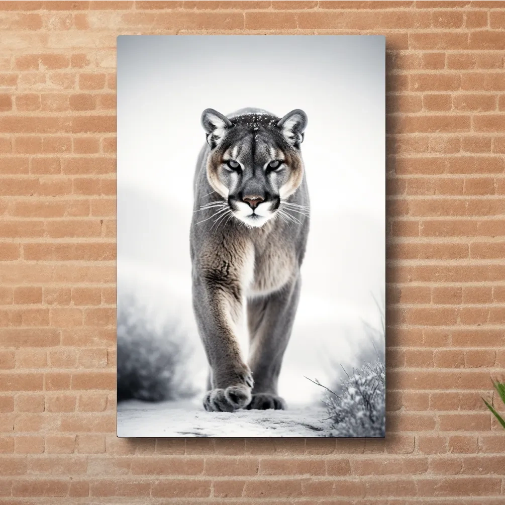 Photograph of a mountain lion walking in snow