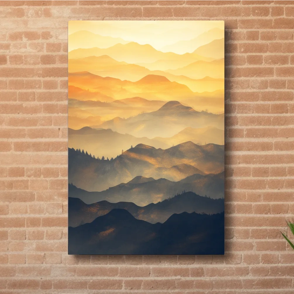 Golden Misty Mountain Ranges Landscape - Serene Layered Sunrise Artwork