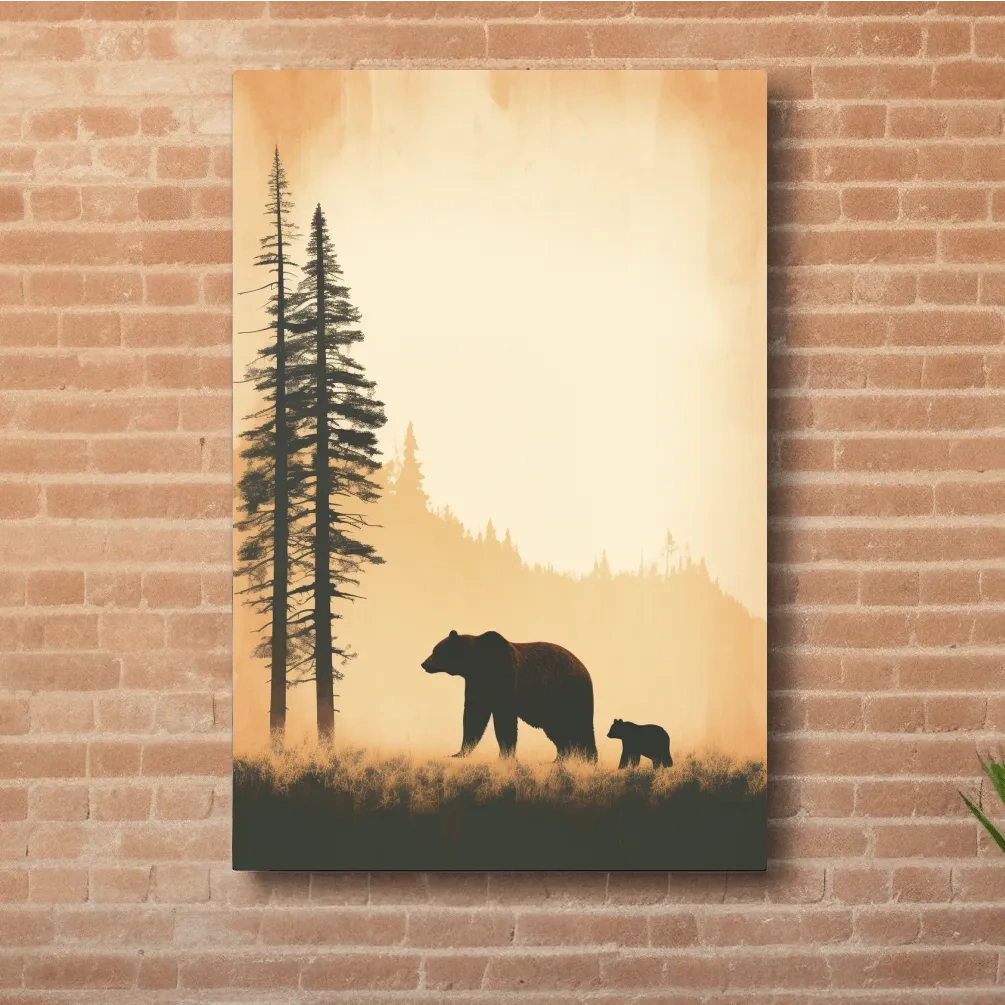 Momma bear and her cub, minimal illustration artwork
